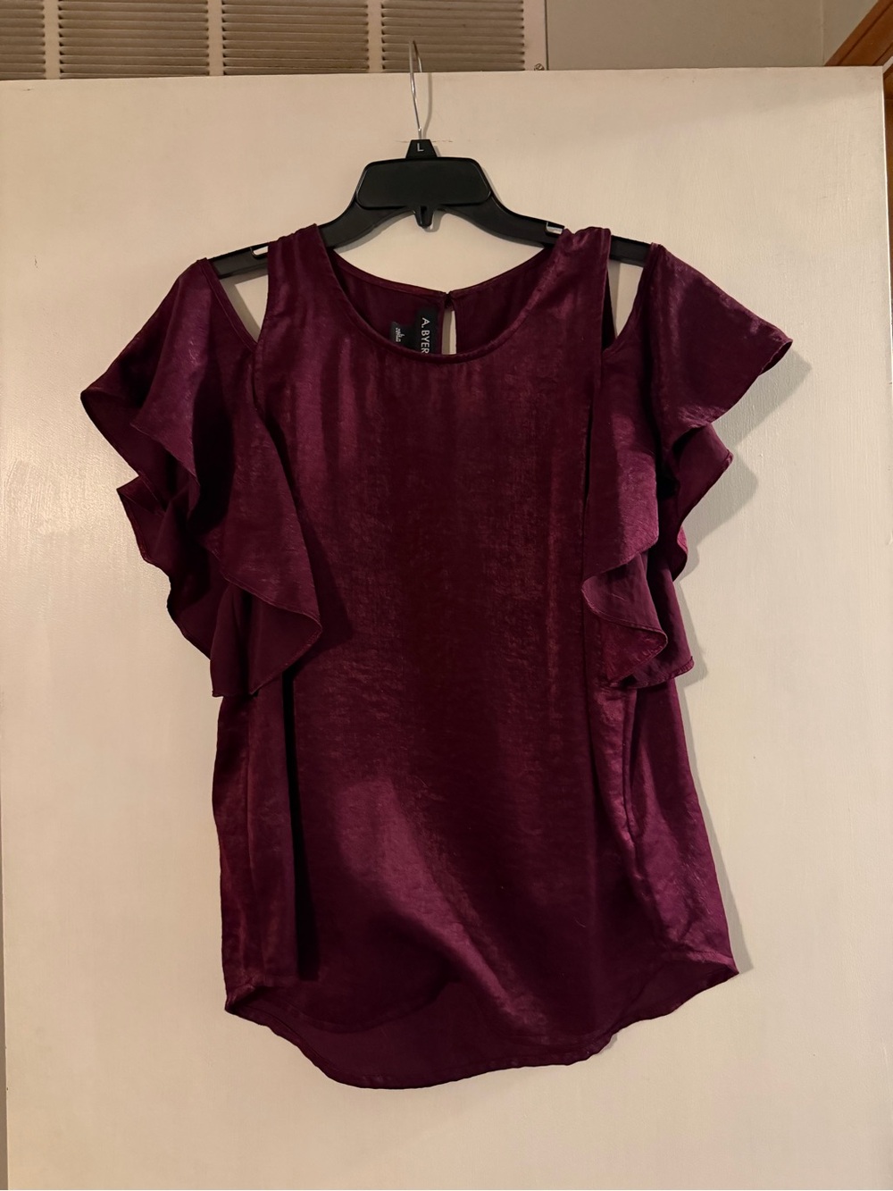 A. Byer Plum Velvet Ruffle Cold-Shoulder Blouse